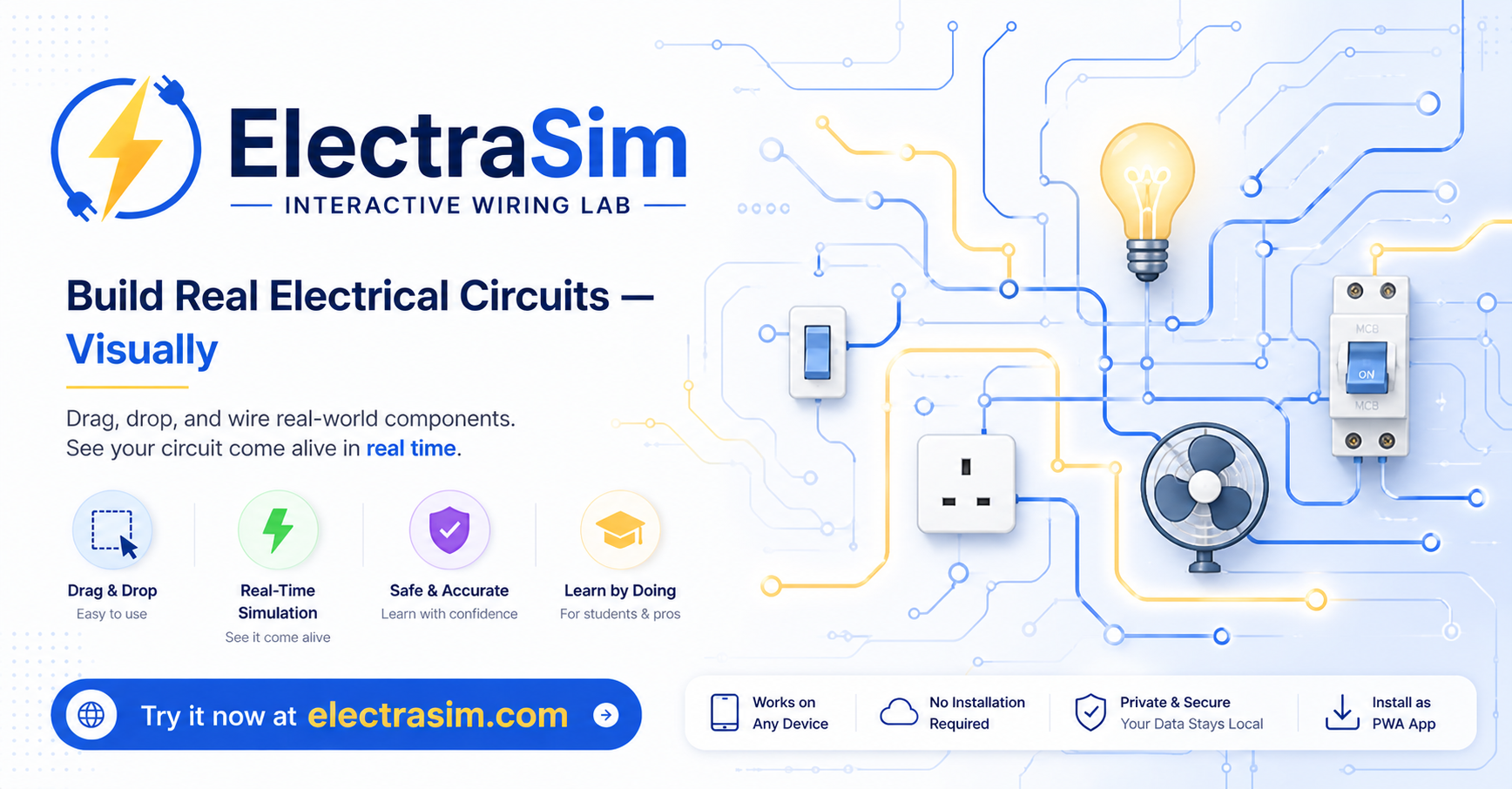 ElectraSim circuit simulator showing MCB breaker, bulb, fan and socket connected on the canvas